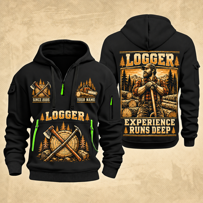 Logger Woodland Experience Poster quarter-zip hoodie in Black, front and back, YOUR NAME and SINCE 2005 artwork
