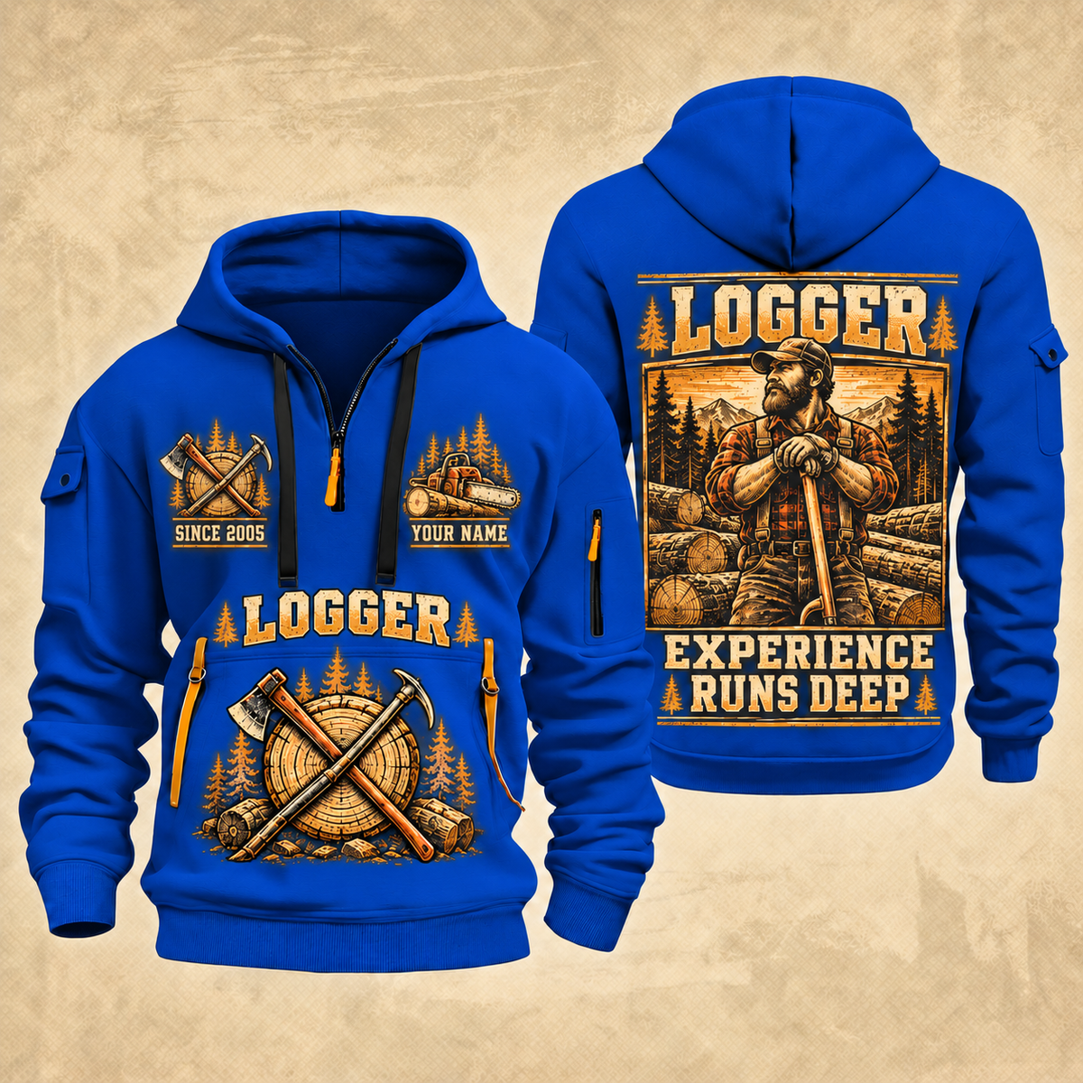 Logger Woodland Experience Poster quarter-zip hoodie in Blue, front and back, YOUR NAME and SINCE 2005 artwork