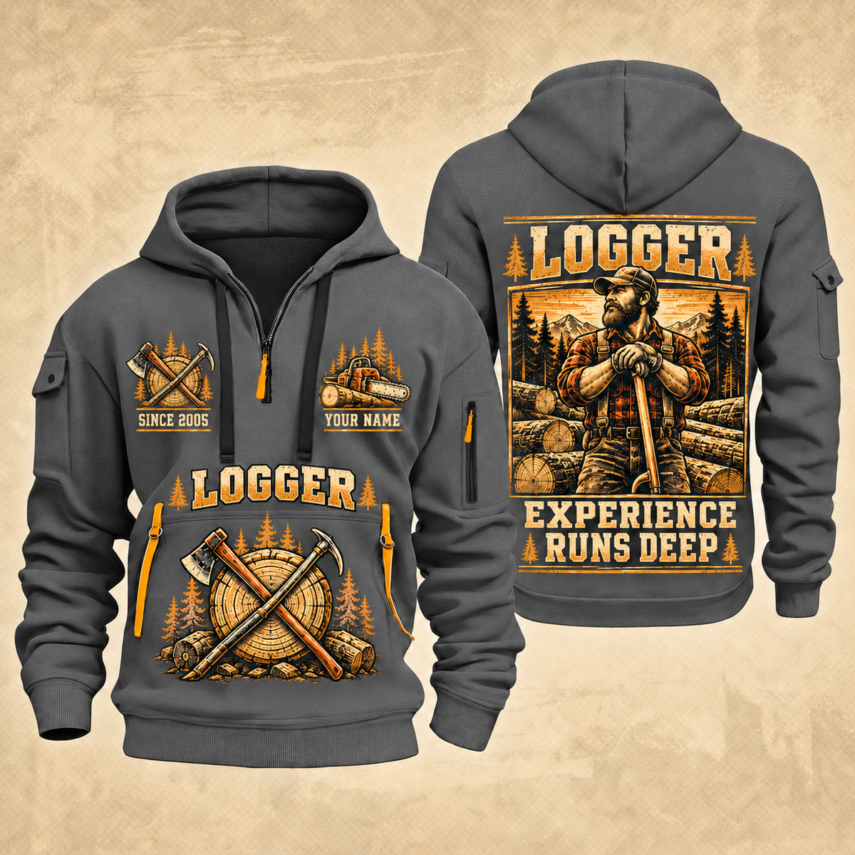 Logger Woodland Experience Poster quarter-zip hoodie in Gray, front and back, YOUR NAME and SINCE 2005 artwork