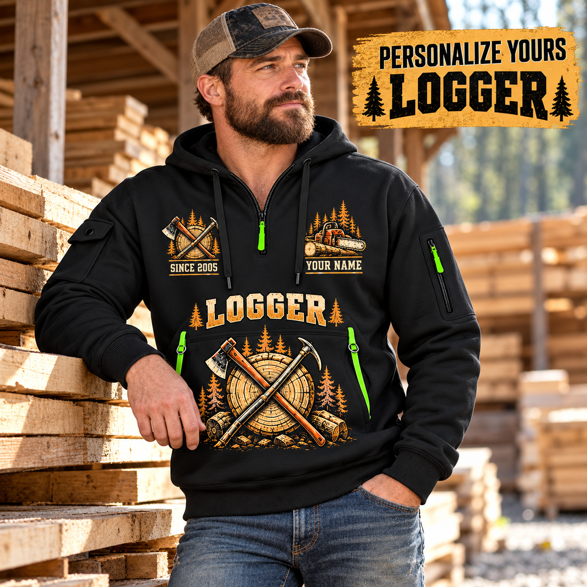 Logger wearing Woodland Experience Poster quarter-zip hoodie in their workplace; product introduction and shopping call to action