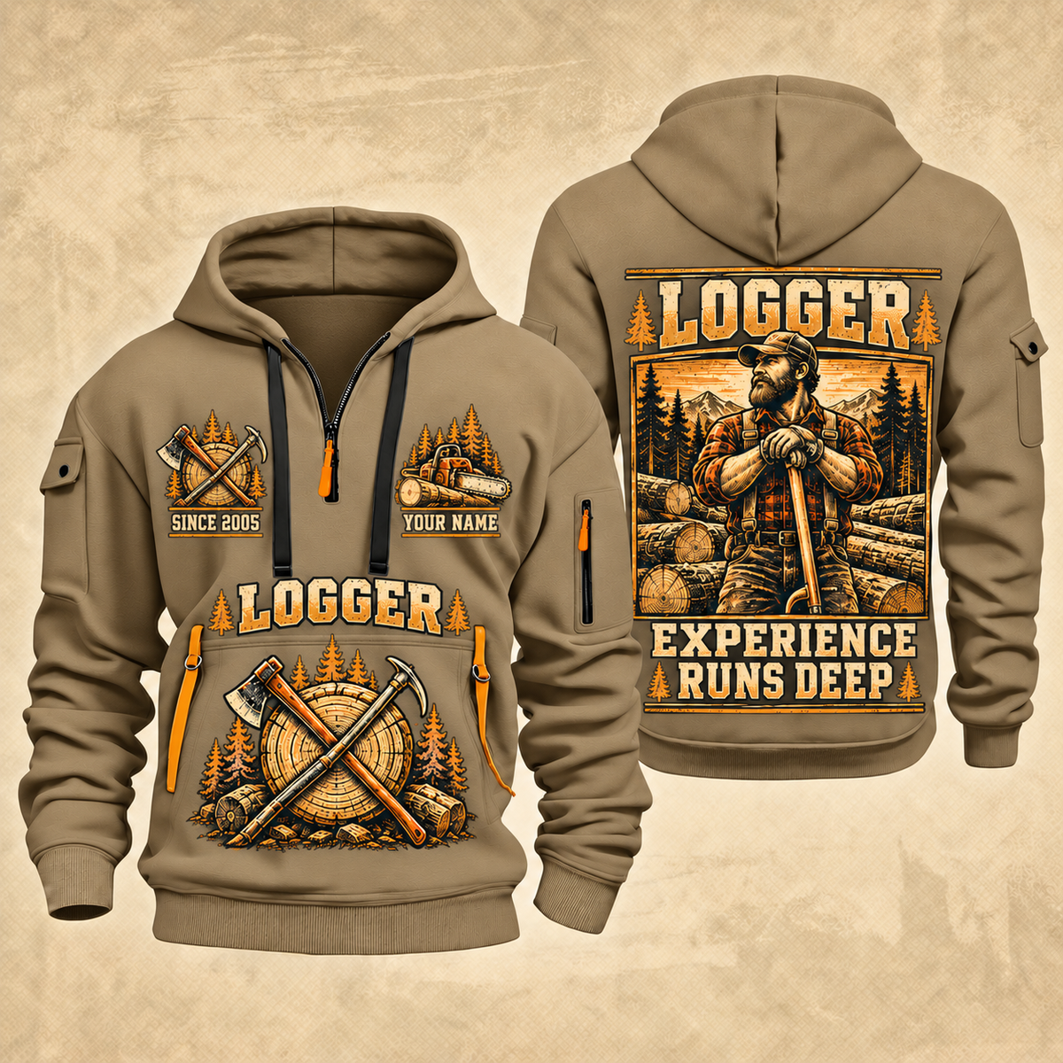 Logger Woodland Experience Poster quarter-zip hoodie in Khaki, front and back, YOUR NAME and SINCE 2005 artwork