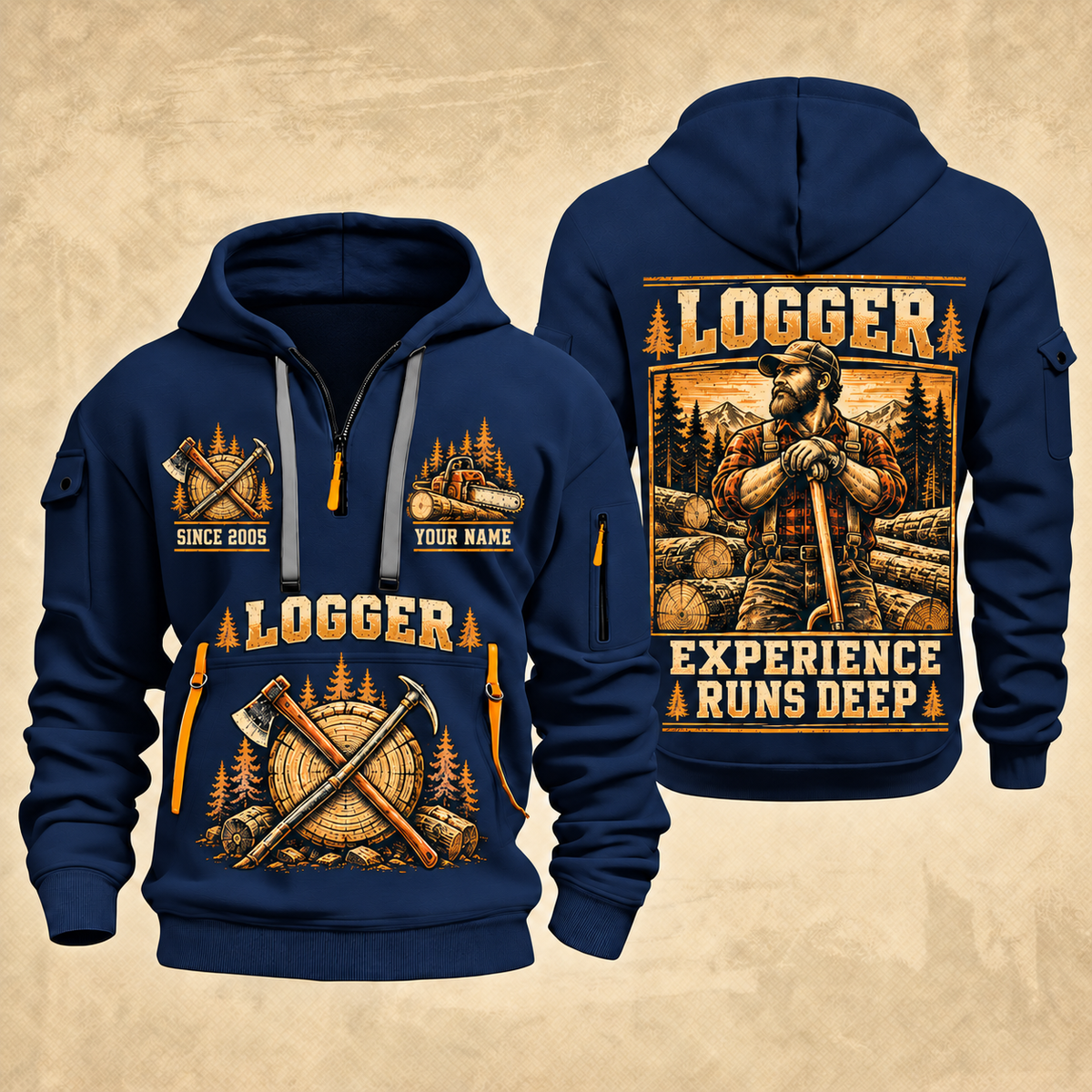 Logger Woodland Experience Poster quarter-zip hoodie in Navy, front and back, YOUR NAME and SINCE 2005 artwork