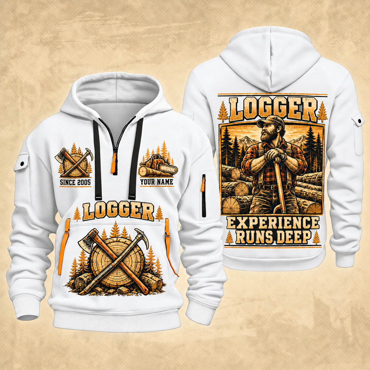 Logger Woodland Experience Poster quarter-zip hoodie in White, front and back, YOUR NAME and SINCE 2005 artwork