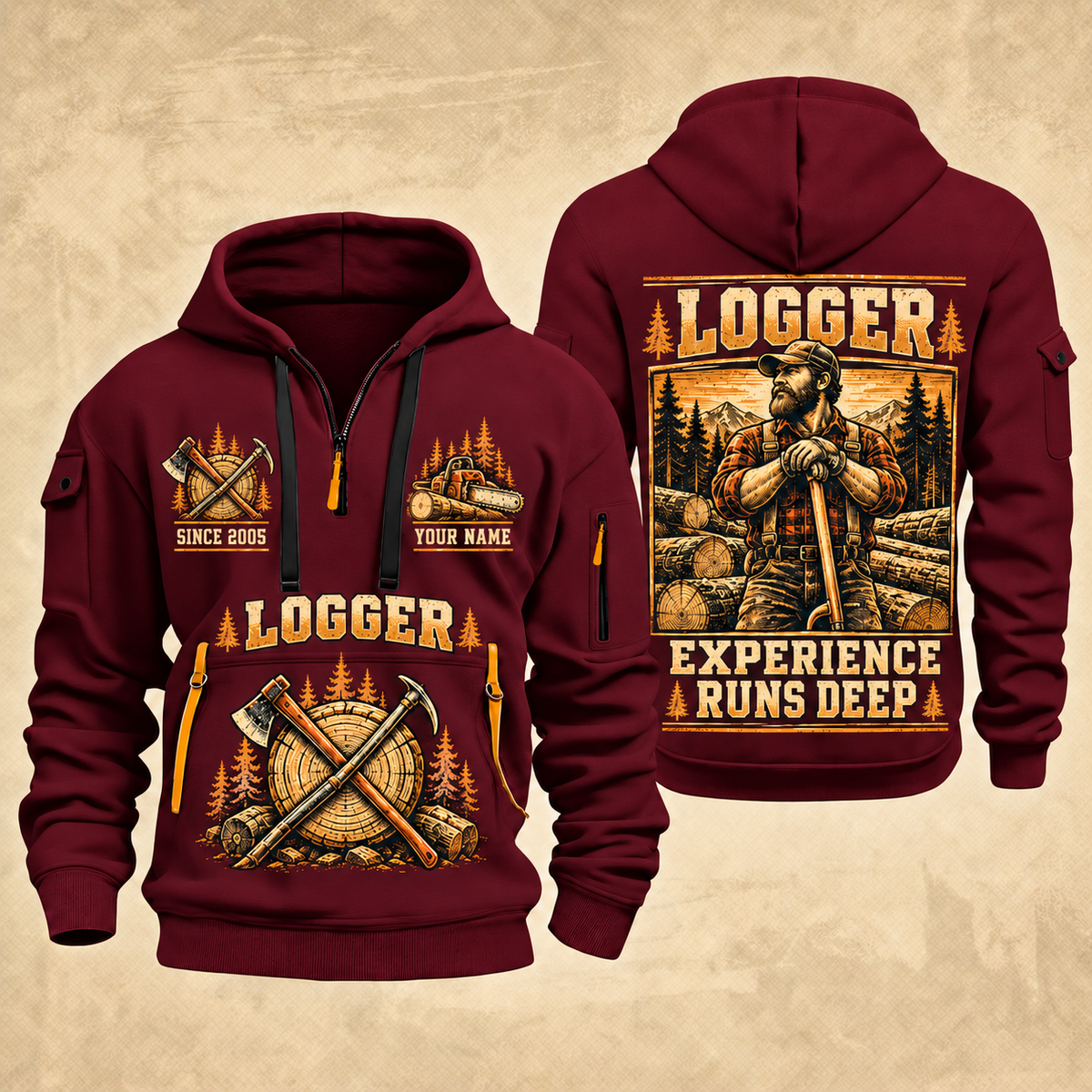 Logger Woodland Experience Poster quarter-zip hoodie in Wine Red, front and back, YOUR NAME and SINCE 2005 artwork