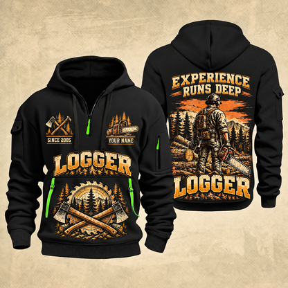 Logger Forest Brushwork Pride quarter-zip hoodie in Black, front and back, YOUR NAME and SINCE 2005 artwork