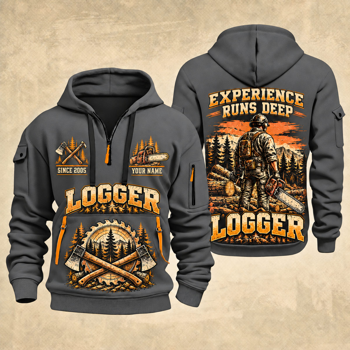 Logger Forest Brushwork Pride quarter-zip hoodie in Gray, front and back, YOUR NAME and SINCE 2005 artwork