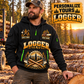 Logger wearing Forest Brushwork Pride quarter-zip hoodie in their workplace; product introduction and shopping call to action