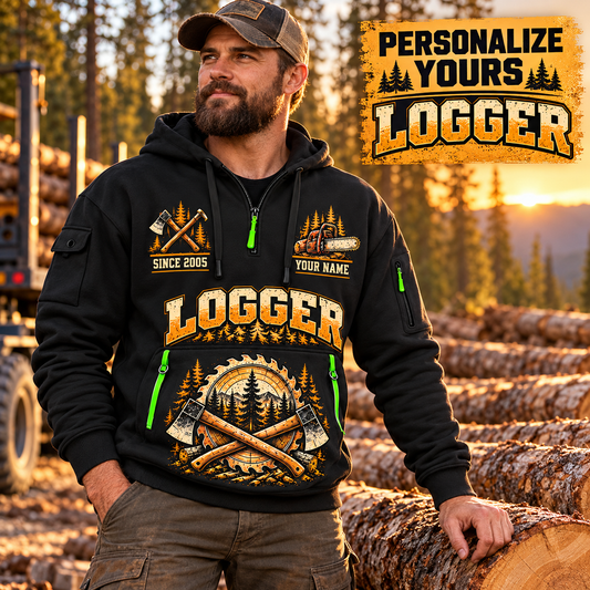 Logger wearing Forest Brushwork Pride quarter-zip hoodie in their workplace; product introduction and shopping call to action