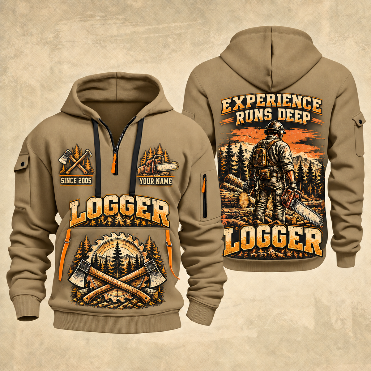 Logger Forest Brushwork Pride quarter-zip hoodie in Khaki, front and back, YOUR NAME and SINCE 2005 artwork