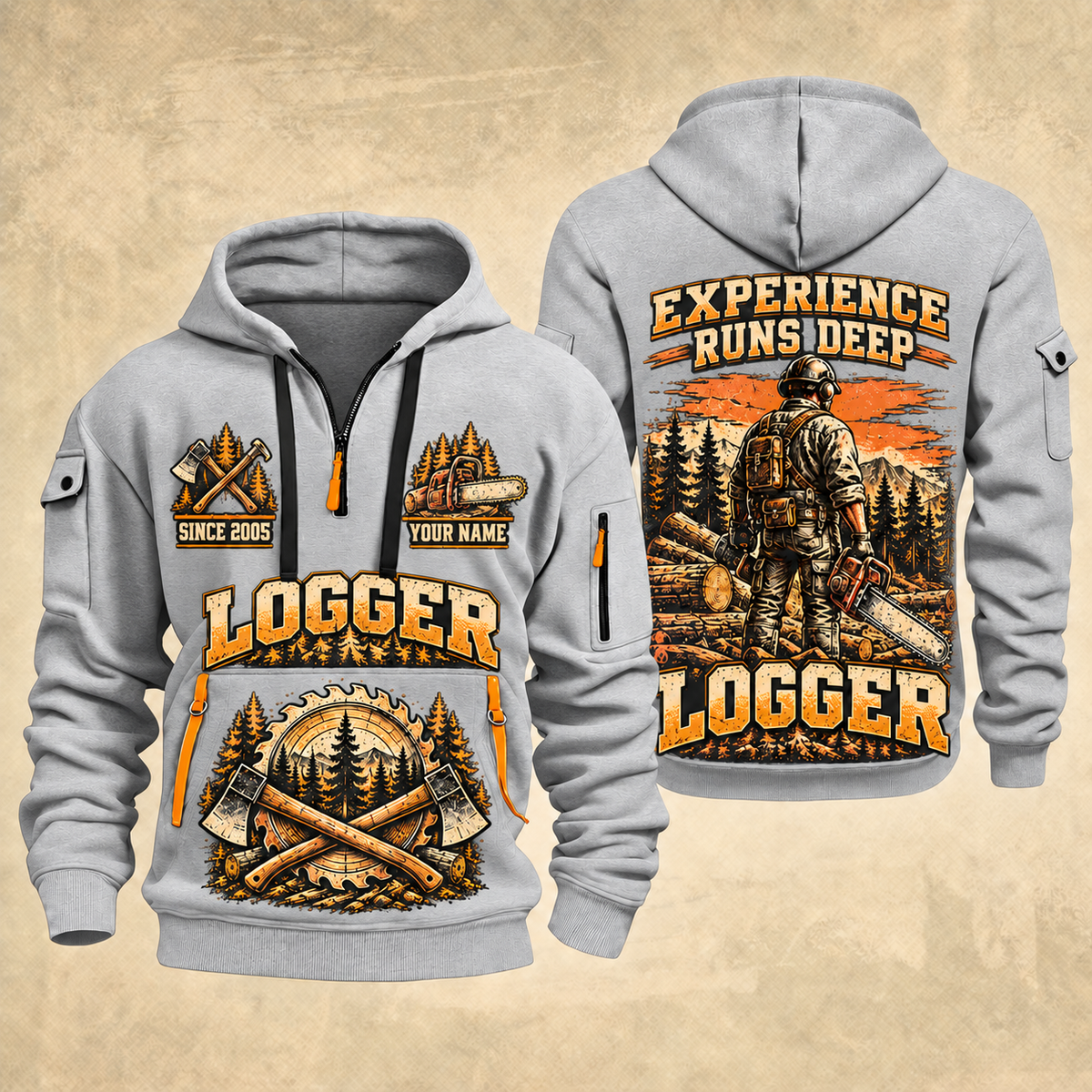 Logger Forest Brushwork Pride quarter-zip hoodie in Light Grey, front and back, YOUR NAME and SINCE 2005 artwork