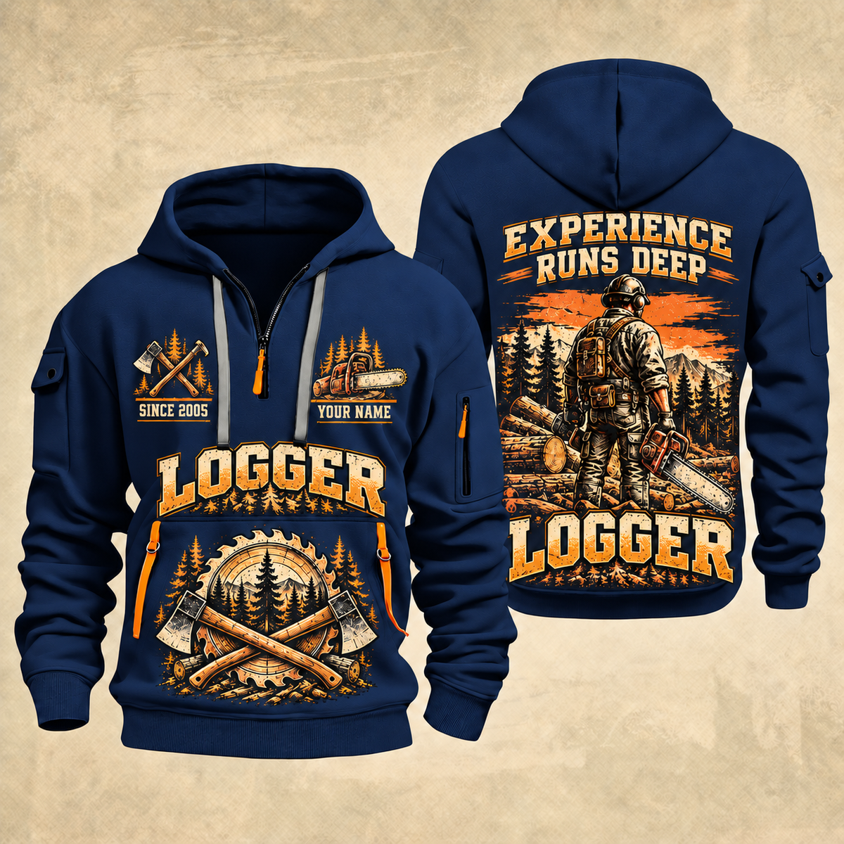 Logger Forest Brushwork Pride quarter-zip hoodie in Navy, front and back, YOUR NAME and SINCE 2005 artwork