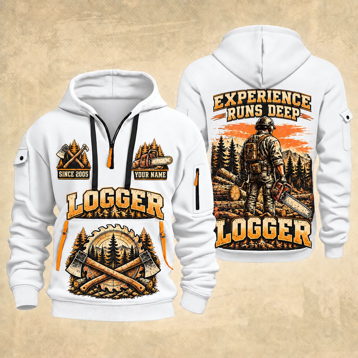 Logger Forest Brushwork Pride quarter-zip hoodie in White, front and back, YOUR NAME and SINCE 2005 artwork