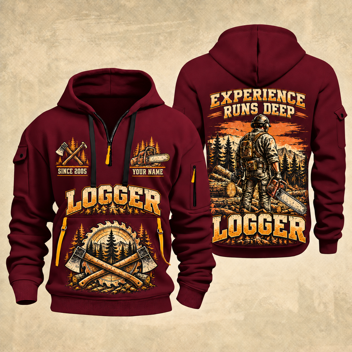 Logger Forest Brushwork Pride quarter-zip hoodie in Wine Red, front and back, YOUR NAME and SINCE 2005 artwork