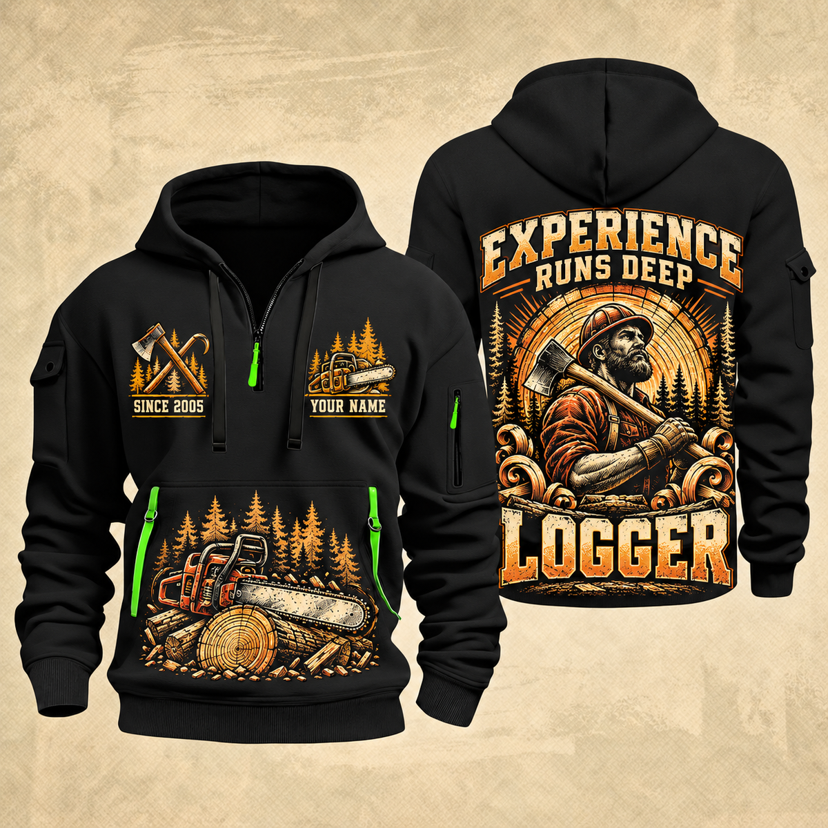 Logger Timber Wings Medallion quarter-zip hoodie in Black, front and back, YOUR NAME and SINCE 2005 artwork