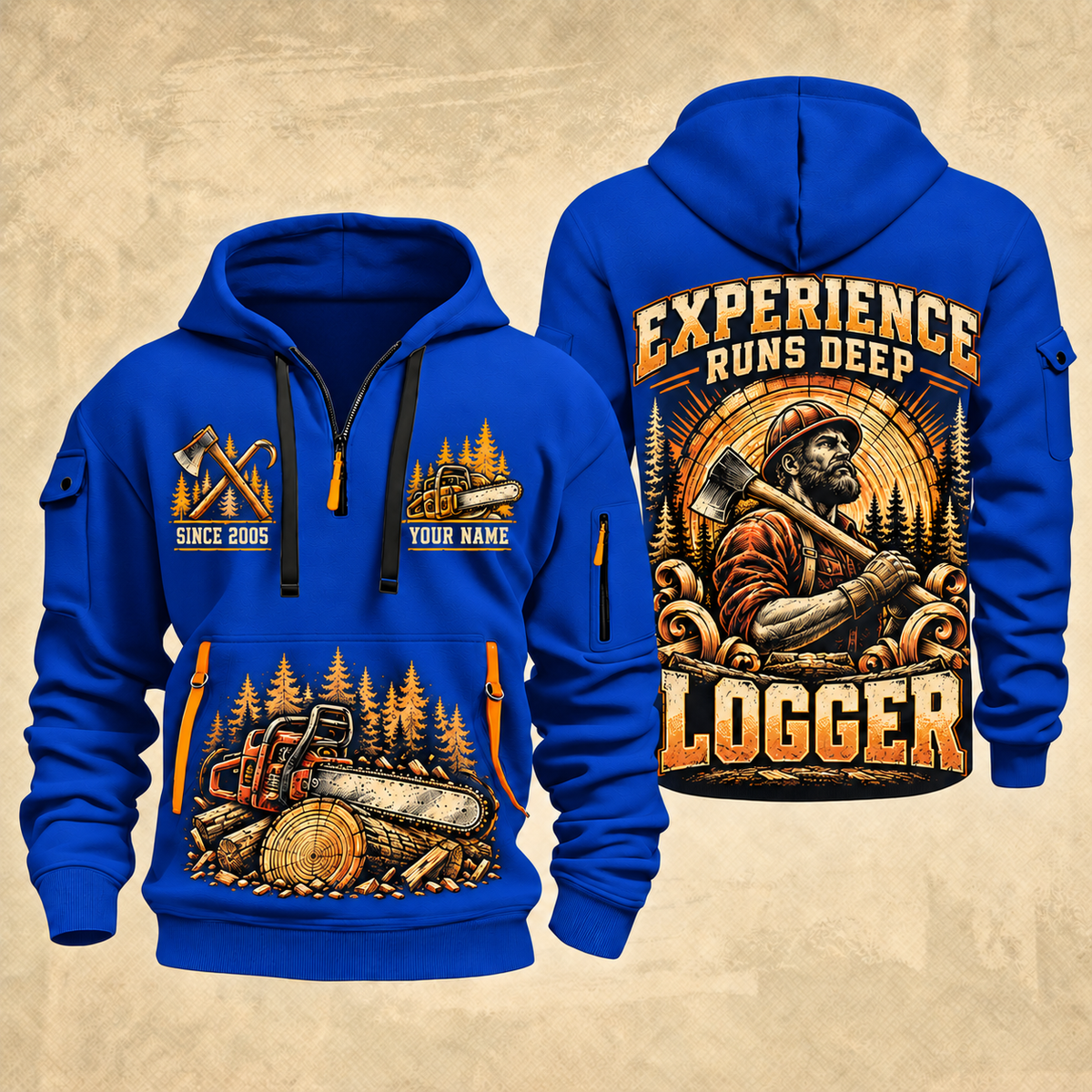 Logger Timber Wings Medallion quarter-zip hoodie in Blue, front and back, YOUR NAME and SINCE 2005 artwork