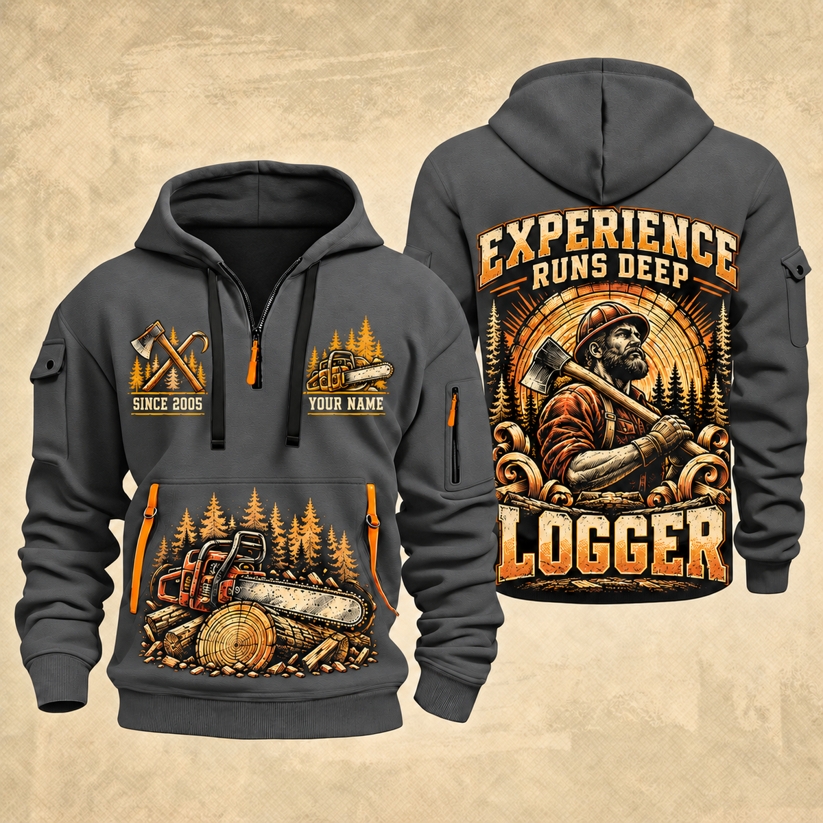 Logger Timber Wings Medallion quarter-zip hoodie in Gray, front and back, YOUR NAME and SINCE 2005 artwork