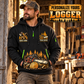 Logger wearing Timber Wings Medallion quarter-zip hoodie in their workplace; product introduction and shopping call to action