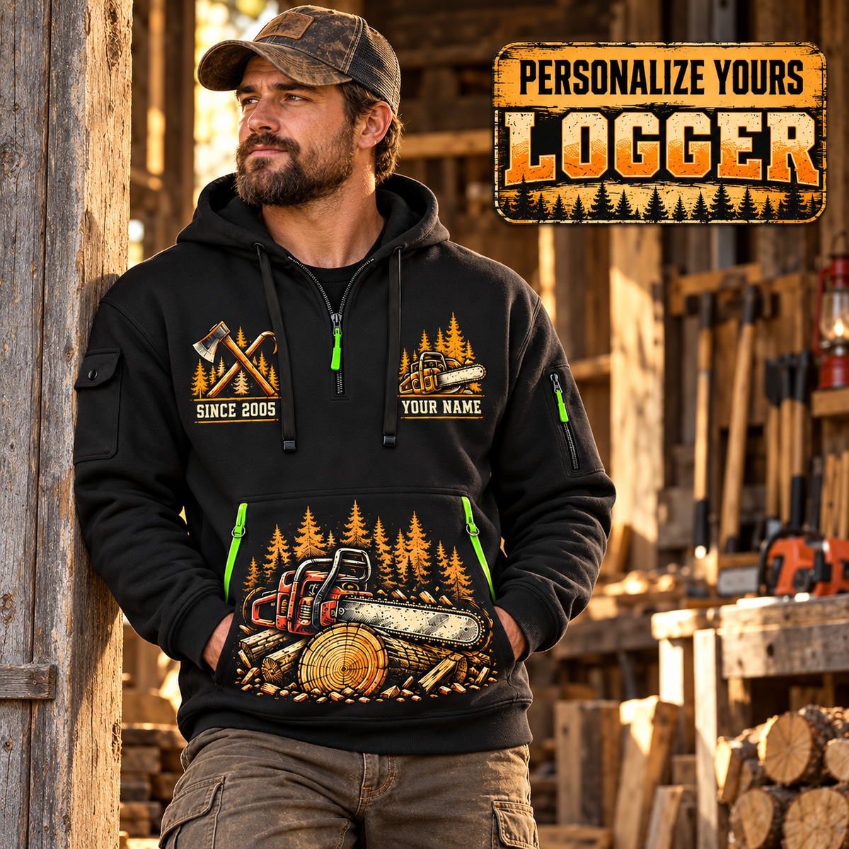 Logger wearing Timber Wings Medallion quarter-zip hoodie in their workplace; product introduction and shopping call to action