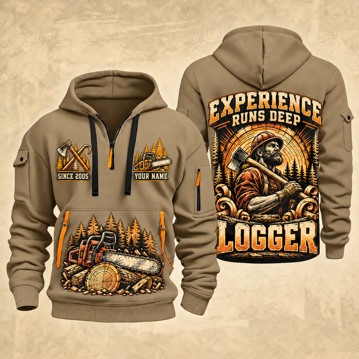 Logger Timber Wings Medallion quarter-zip hoodie in Khaki, front and back, YOUR NAME and SINCE 2005 artwork