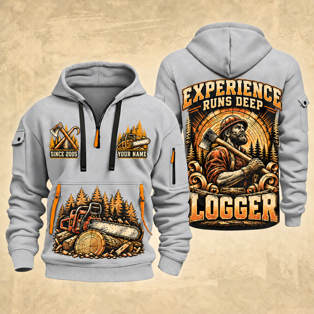 Logger Timber Wings Medallion quarter-zip hoodie in Light Grey, front and back, YOUR NAME and SINCE 2005 artwork