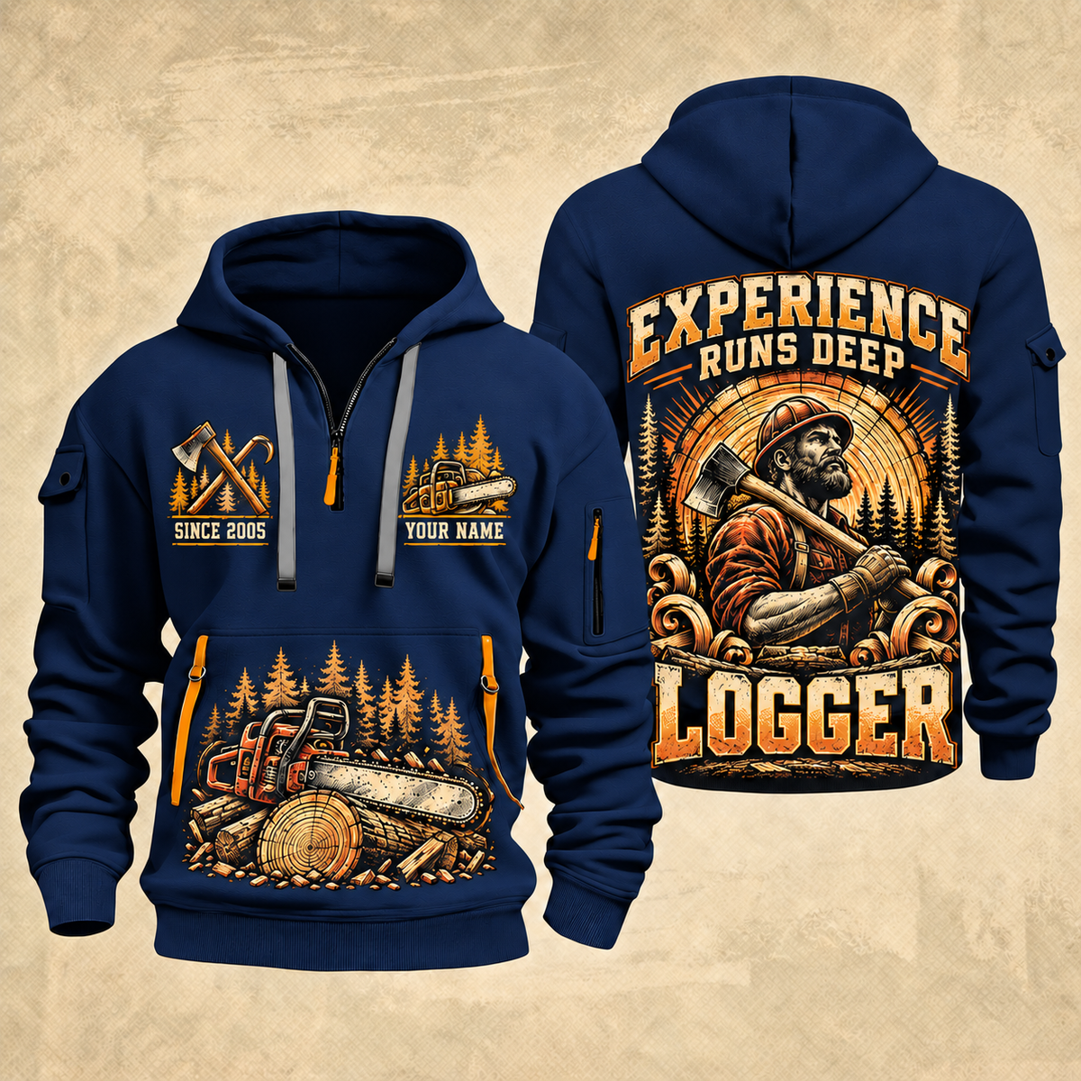 Logger Timber Wings Medallion quarter-zip hoodie in Navy, front and back, YOUR NAME and SINCE 2005 artwork