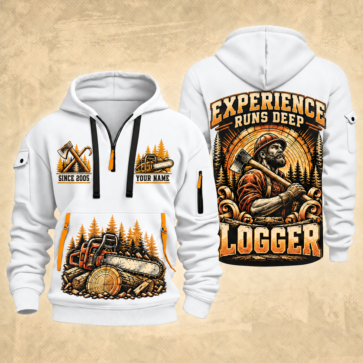 Logger Timber Wings Medallion quarter-zip hoodie in White, front and back, YOUR NAME and SINCE 2005 artwork