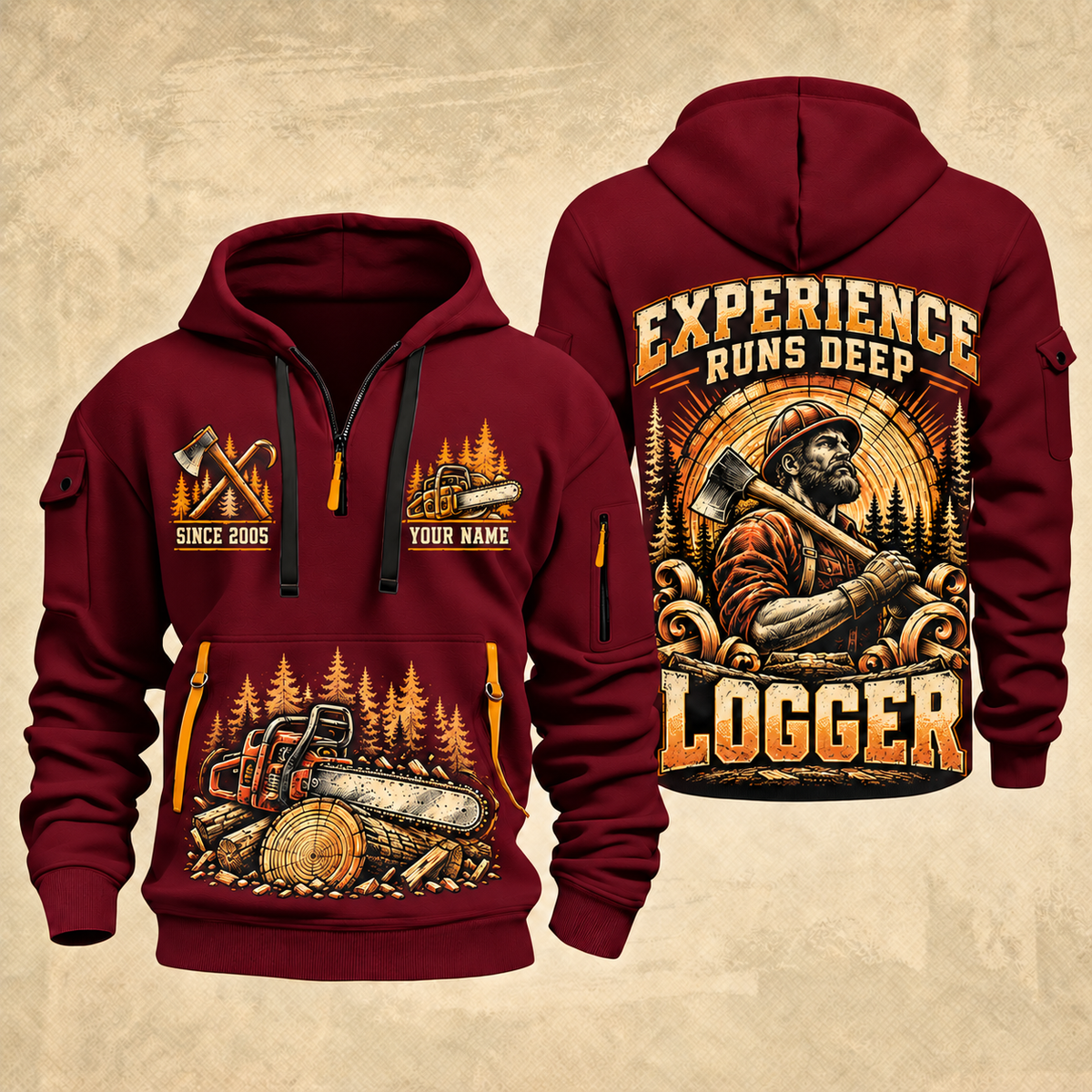 Logger Timber Wings Medallion quarter-zip hoodie in Wine Red, front and back, YOUR NAME and SINCE 2005 artwork
