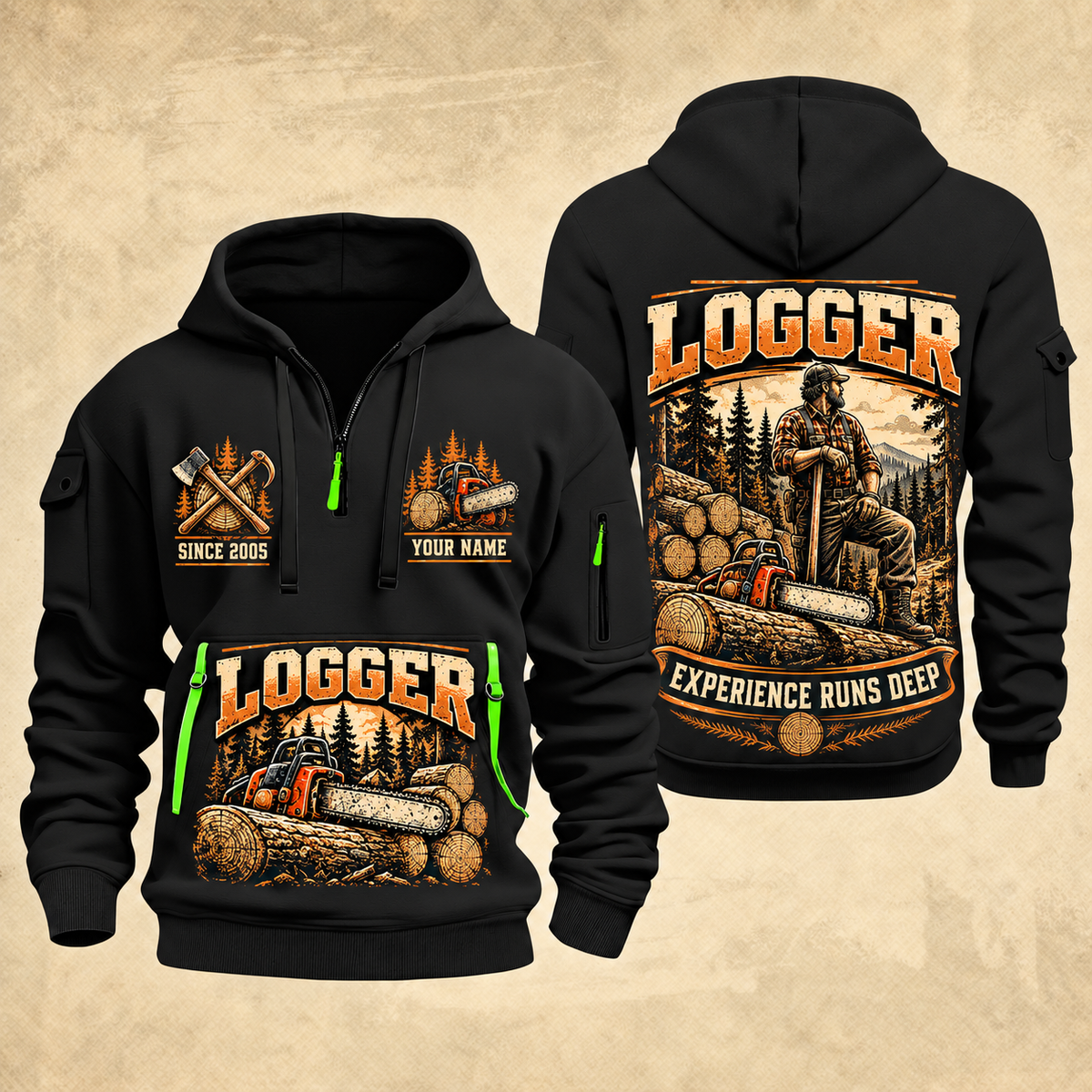 Logger Seasoned Timber Craft quarter-zip hoodie in Black, front and back, YOUR NAME and SINCE 2005 artwork