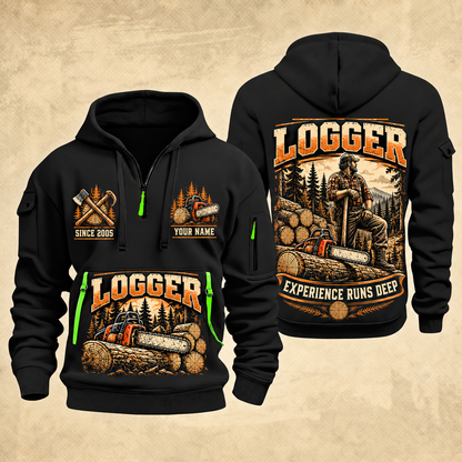 Logger Seasoned Timber Craft quarter-zip hoodie in Black, front and back, YOUR NAME and SINCE 2005 artwork