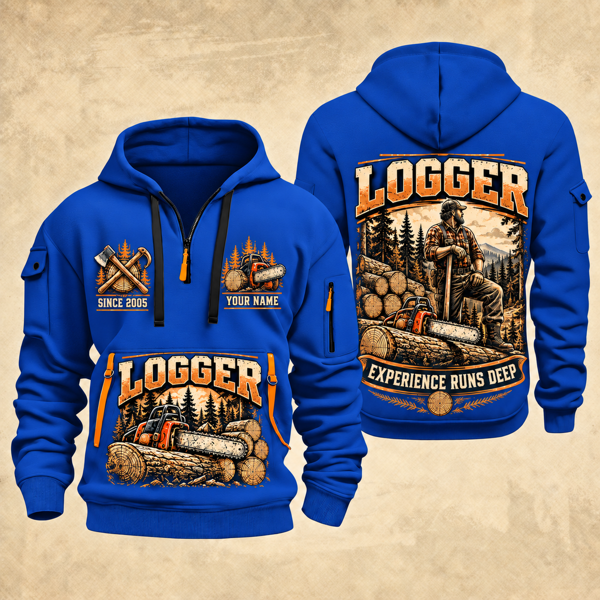 Logger Seasoned Timber Craft quarter-zip hoodie in Blue, front and back, YOUR NAME and SINCE 2005 artwork