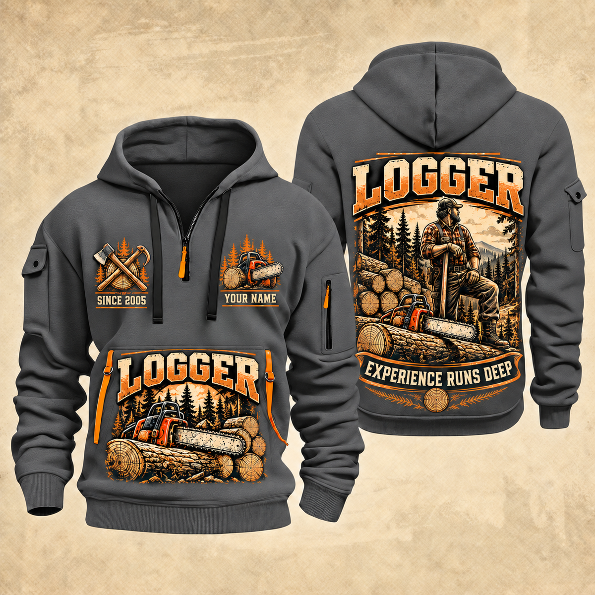 Logger Seasoned Timber Craft quarter-zip hoodie in Gray, front and back, YOUR NAME and SINCE 2005 artwork