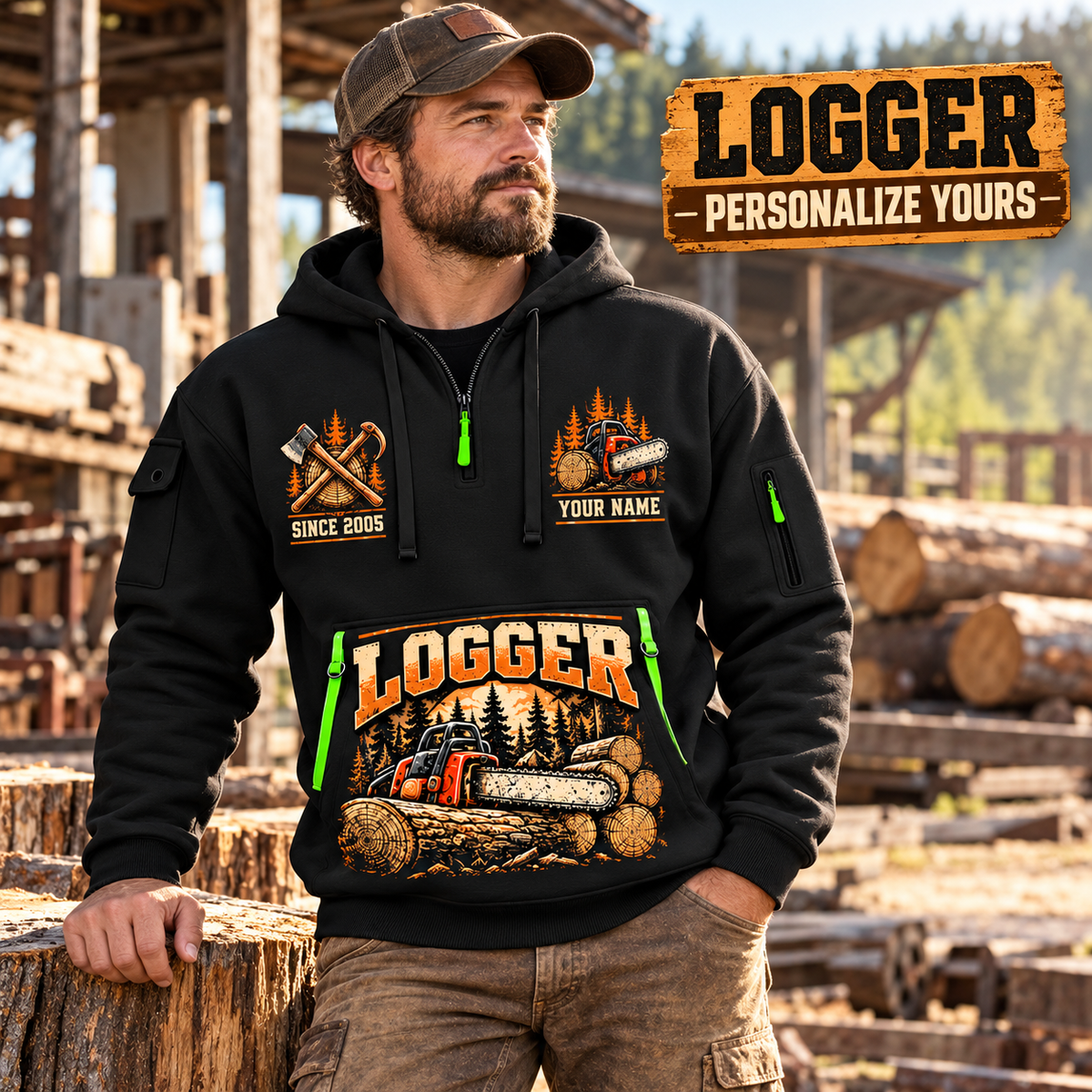 Logger wearing Seasoned Timber Craft quarter-zip hoodie in their workplace; product introduction and shopping call to action