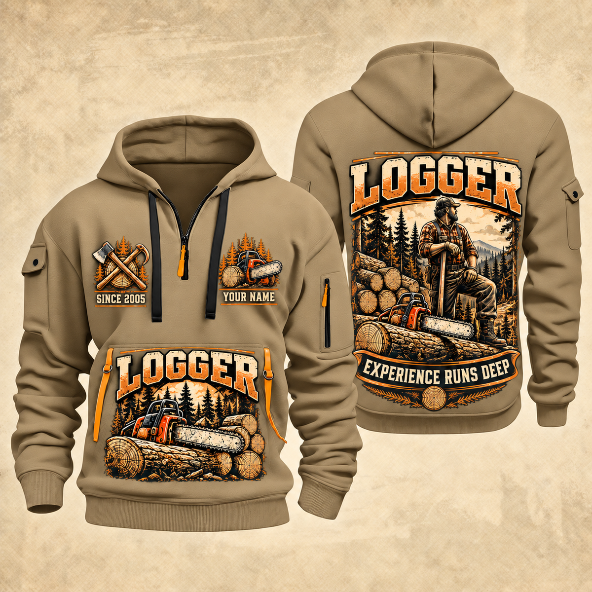 Logger Seasoned Timber Craft quarter-zip hoodie in Khaki, front and back, YOUR NAME and SINCE 2005 artwork