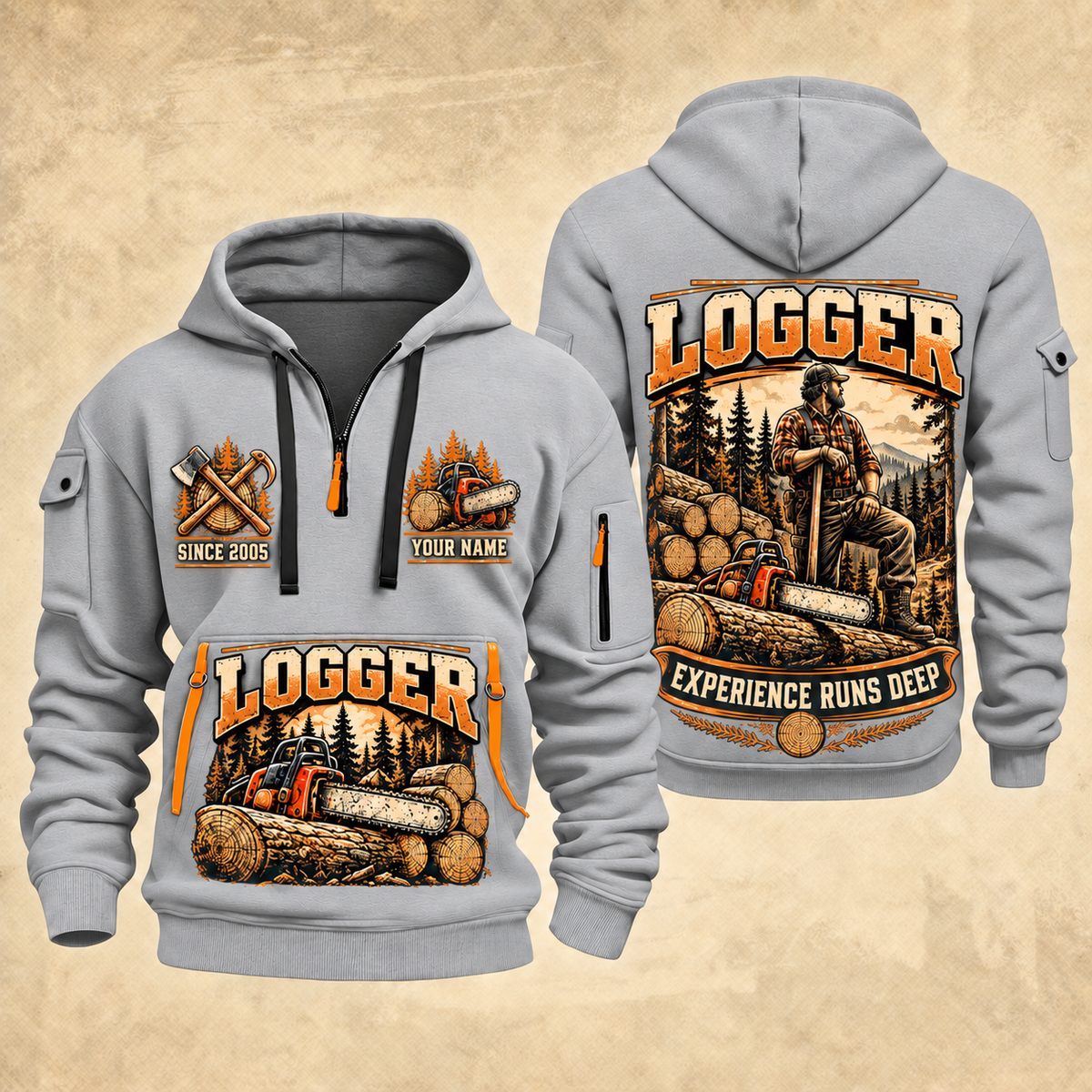 Logger Seasoned Timber Craft quarter-zip hoodie in Light Grey, front and back, YOUR NAME and SINCE 2005 artwork