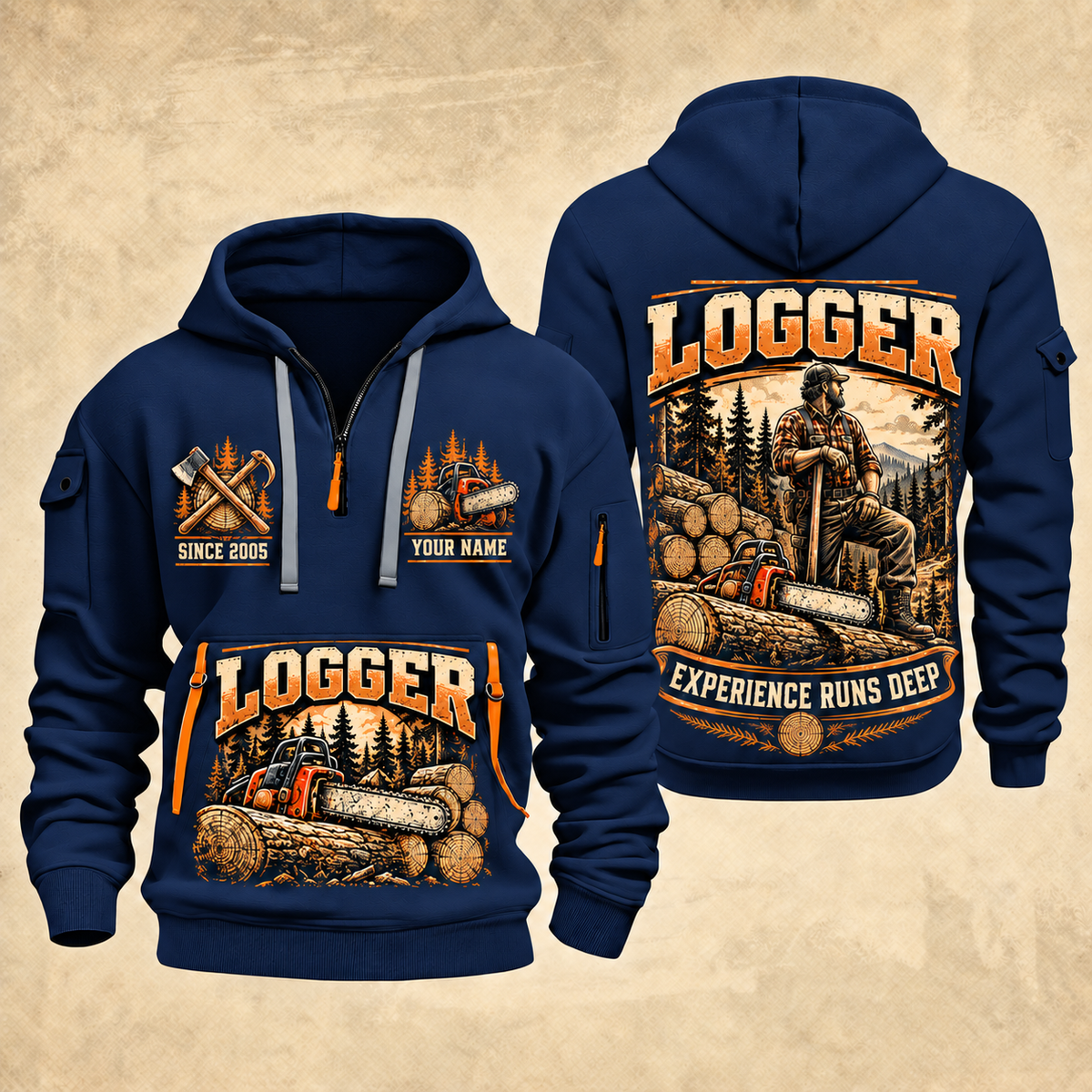 Logger Seasoned Timber Craft quarter-zip hoodie in Navy, front and back, YOUR NAME and SINCE 2005 artwork