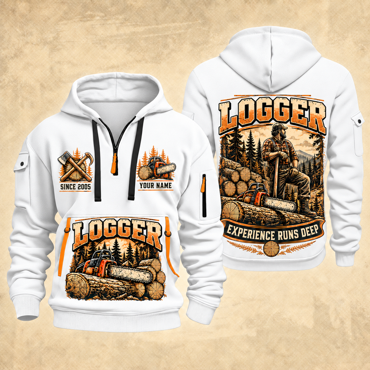 Logger Seasoned Timber Craft quarter-zip hoodie in White, front and back, YOUR NAME and SINCE 2005 artwork