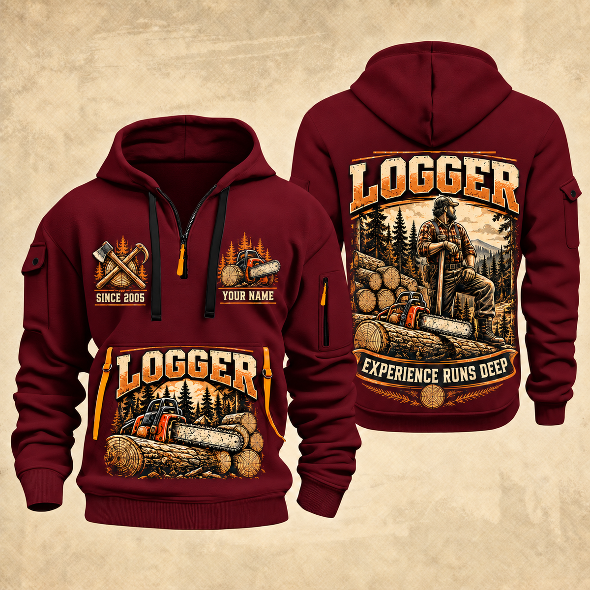 Logger Seasoned Timber Craft quarter-zip hoodie in Wine Red, front and back, YOUR NAME and SINCE 2005 artwork