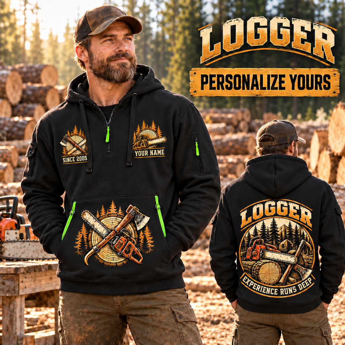 Logger wearing Timber Roots Crest quarter-zip hoodie in their workplace; product introduction and shopping call to action