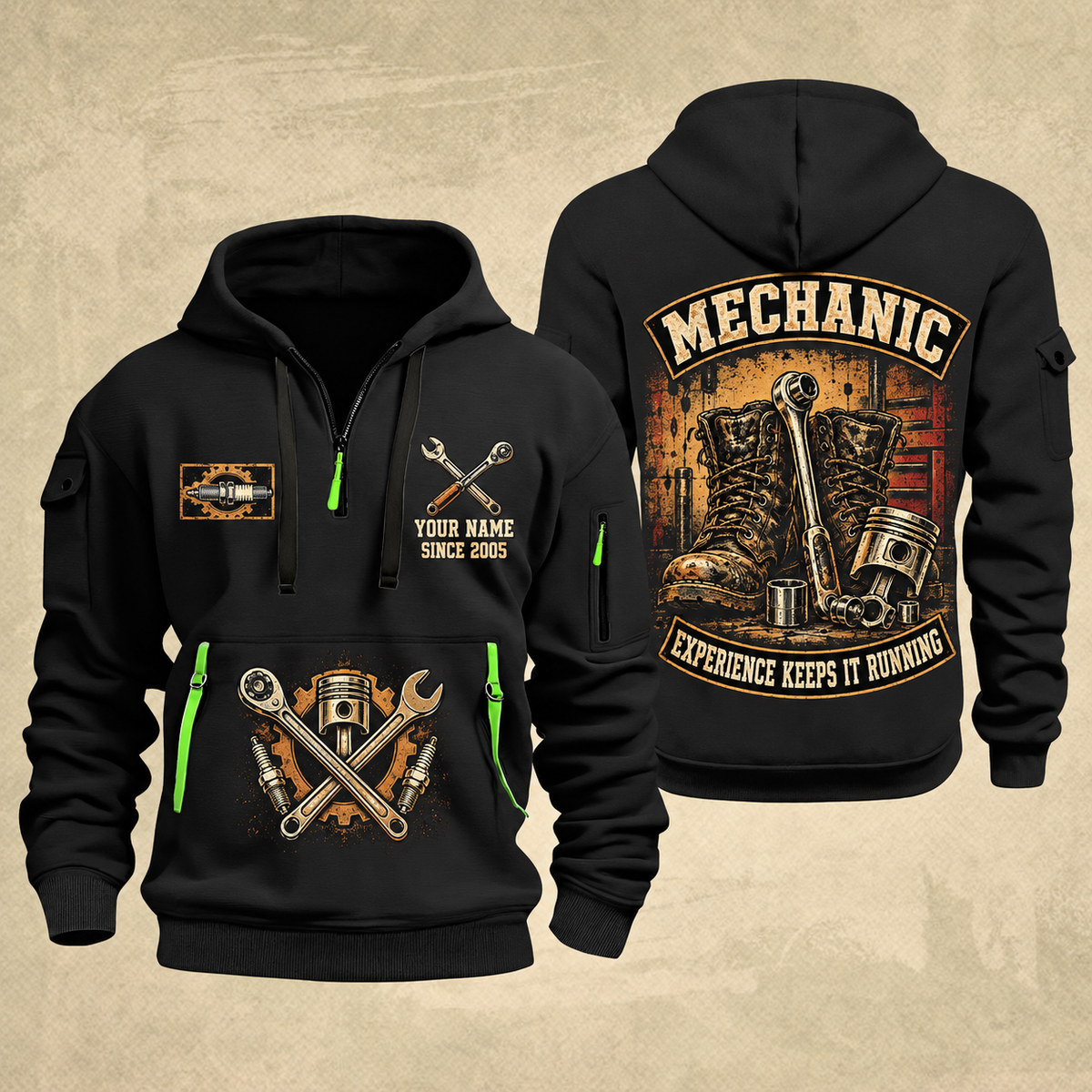 Mechanic Garage Heritage quarter-zip hoodie in Black, front and back, YOUR NAME and SINCE 2005 artwork