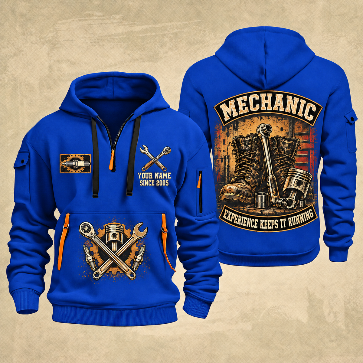 Mechanic Garage Heritage quarter-zip hoodie in Blue, front and back, YOUR NAME and SINCE 2005 artwork