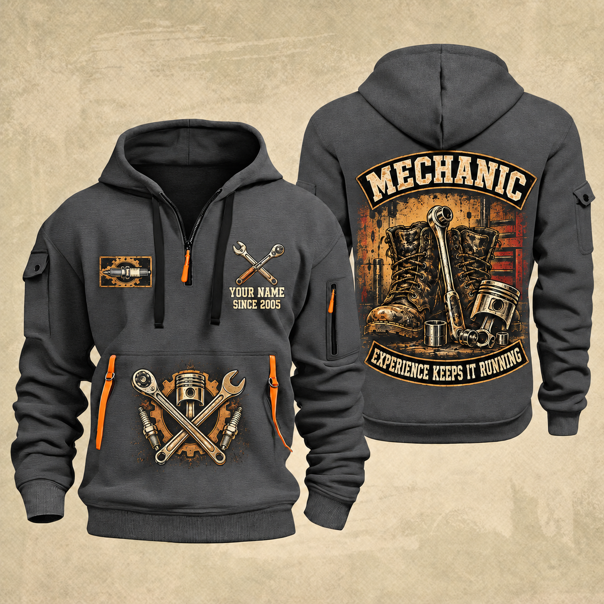 Mechanic Garage Heritage quarter-zip hoodie in Gray, front and back, YOUR NAME and SINCE 2005 artwork