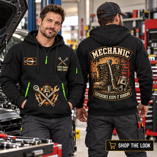 Mechanic wearing Garage Heritage quarter-zip hoodie in their workplace; product introduction and shopping call to action