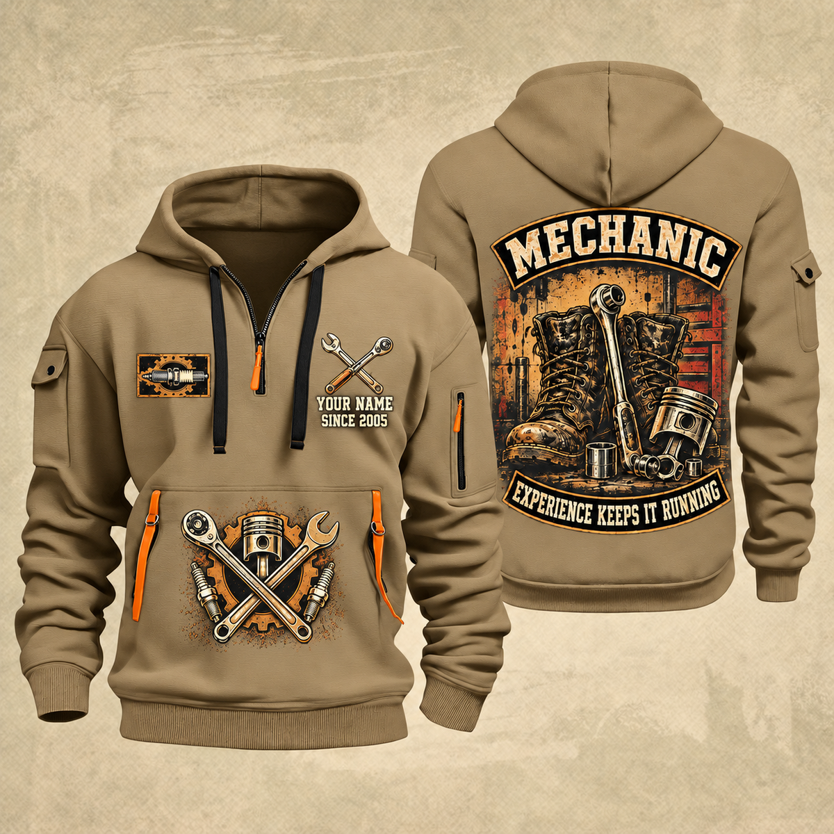 Mechanic Garage Heritage quarter-zip hoodie in Khaki, front and back, YOUR NAME and SINCE 2005 artwork
