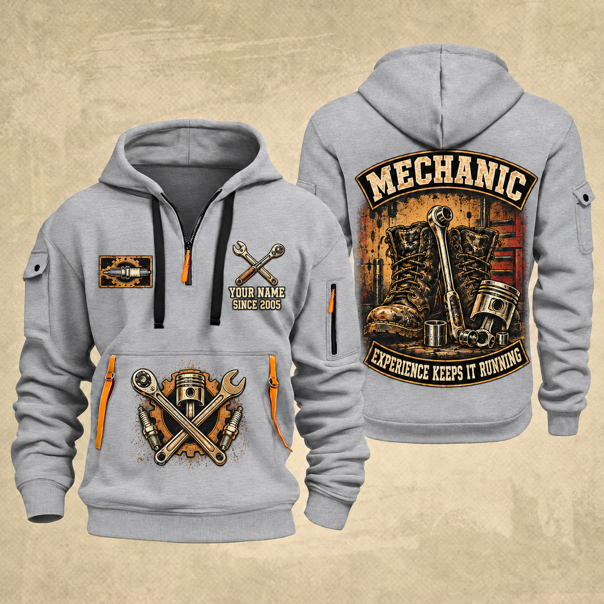 Mechanic Garage Heritage quarter-zip hoodie in Light Grey, front and back, YOUR NAME and SINCE 2005 artwork