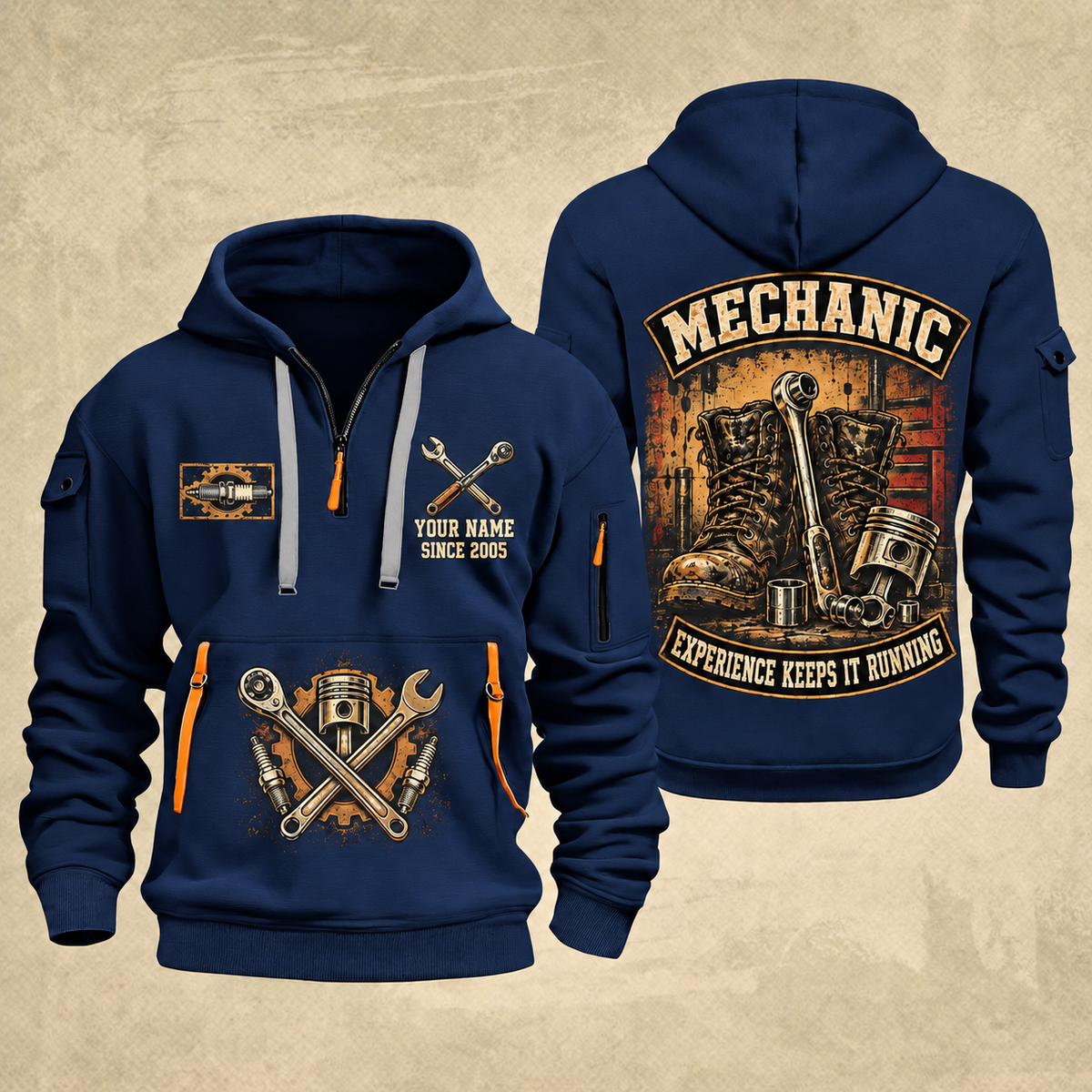 Mechanic Garage Heritage quarter-zip hoodie in Navy, front and back, YOUR NAME and SINCE 2005 artwork