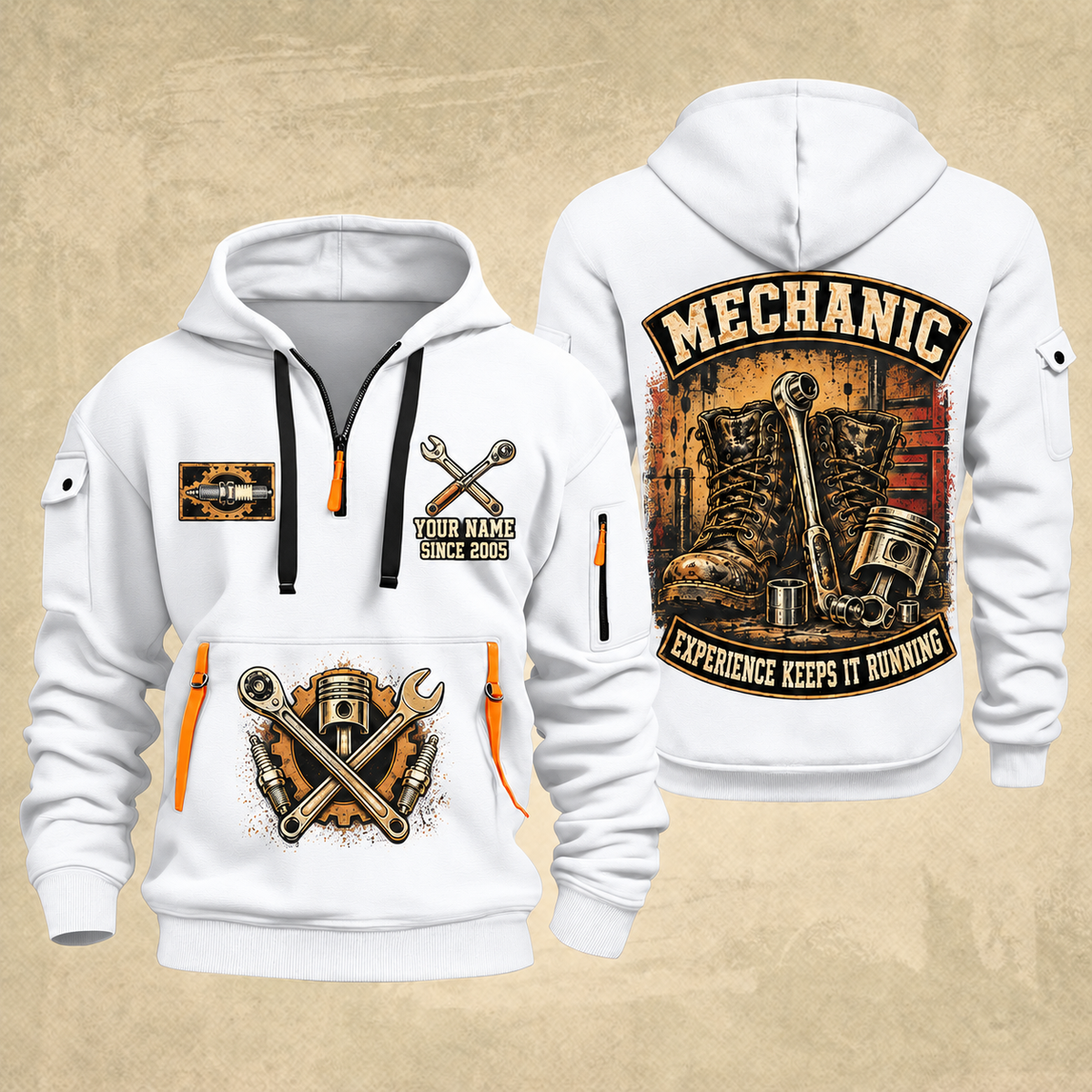 Mechanic Garage Heritage quarter-zip hoodie in White, front and back, YOUR NAME and SINCE 2005 artwork