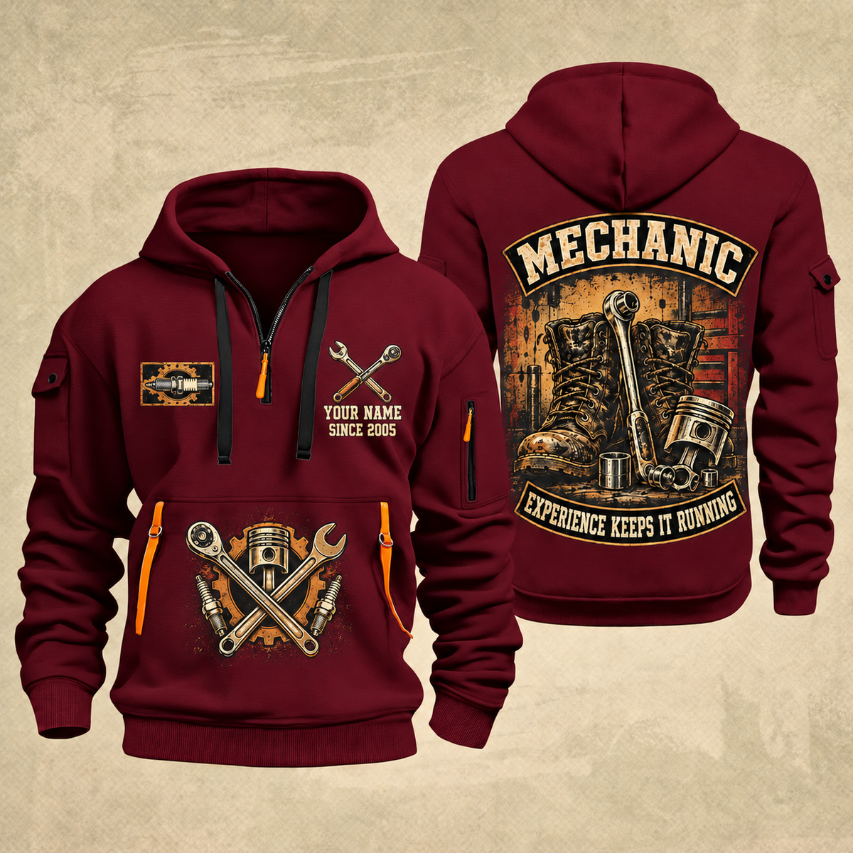 Mechanic Garage Heritage quarter-zip hoodie in Wine Red, front and back, YOUR NAME and SINCE 2005 artwork