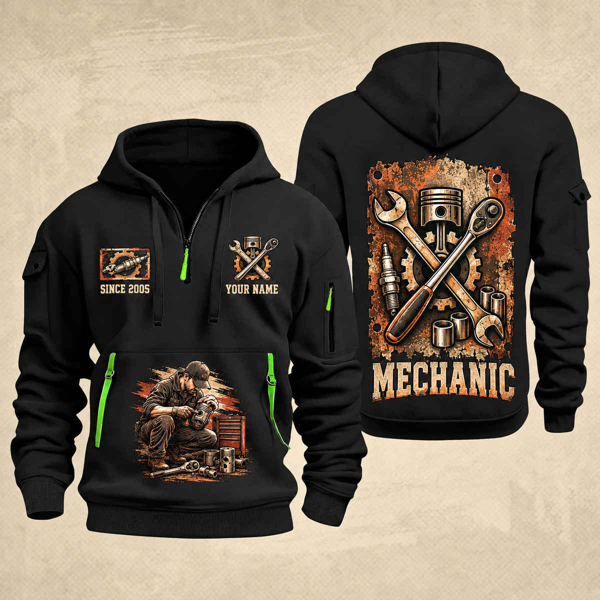 Mechanic Built To Repair quarter-zip hoodie in Black, front and back, YOUR NAME and SINCE 2005 artwork