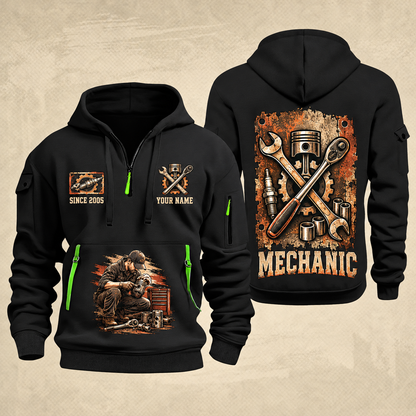 Mechanic Built To Repair quarter-zip hoodie in Black, front and back, YOUR NAME and SINCE 2005 artwork