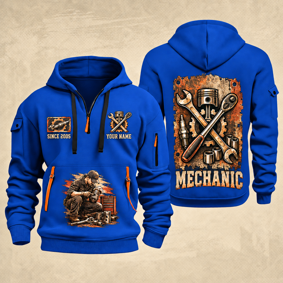 Mechanic Built To Repair quarter-zip hoodie in Blue, front and back, YOUR NAME and SINCE 2005 artwork